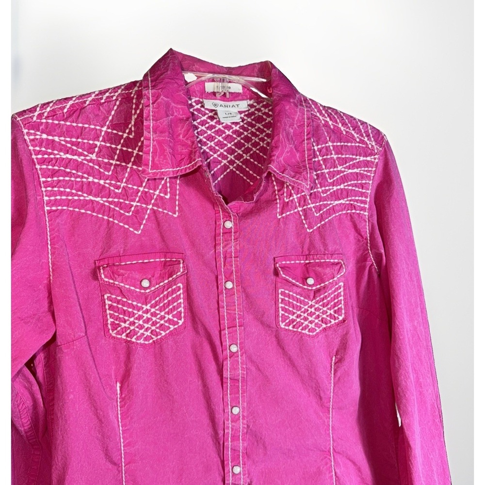 Ariat Women's Size L Western Shirt Pink Pearl Snap Embroidered Fitted Cotton